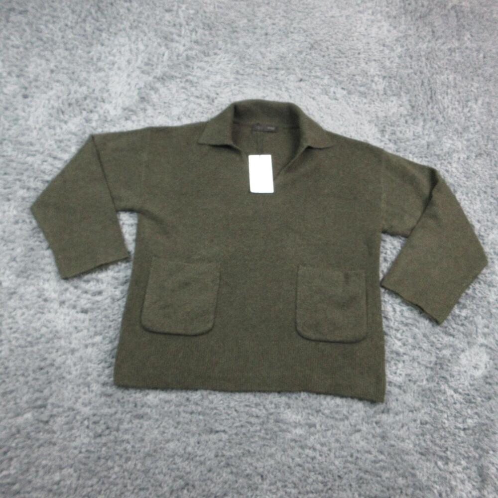 ZARA Sweater Womens S Green Collared Pullover Pockets Wool Blend Chunky NWT